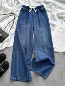 SHEIN Mädchen Loose Fit Blaue Jeans mit Gummibund