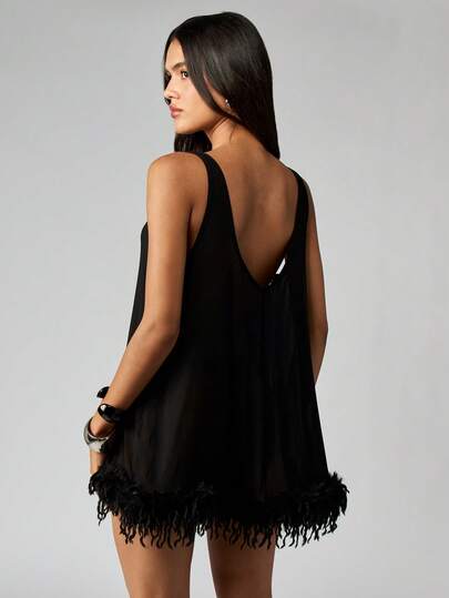 MISSGUIDED Sheer Babydoll Dress With Feather TrimMISSGUIDED
