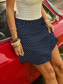 Aralina Winter/ Fall Stockholm Style Polka Dot Chiffon Drwstring Cinching Waistband A Line Midi Skirt Perfect For Vacation And Homecoming Graduation
