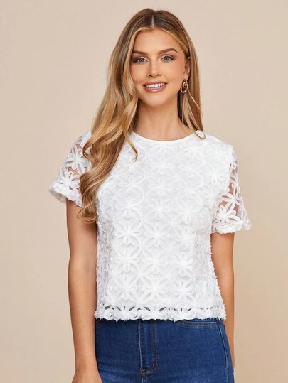 Amorya 女士母亲节蕾丝拼接短袖衬衫，纯色圆领，夏季优雅短袖上衣