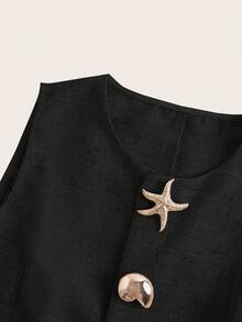 Ellevyn Seashell & Star Button Sleeveless Elegant Blouse Party Vacation - Black - View 3