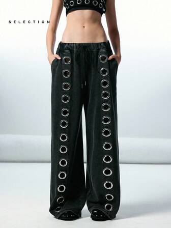 LYSMO Pantalones anchos de pierna suelta con decoración de anillo de metal