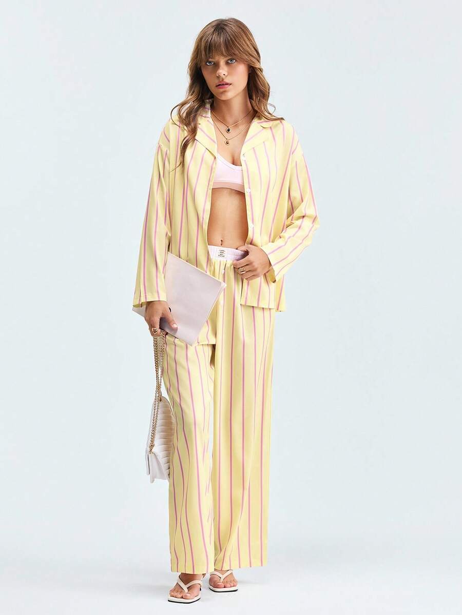 LOUNGEISTA 2pcs Women Loose Comfortable Breathable Striped Long Sleeve Pajama Set - Yellow - View 1