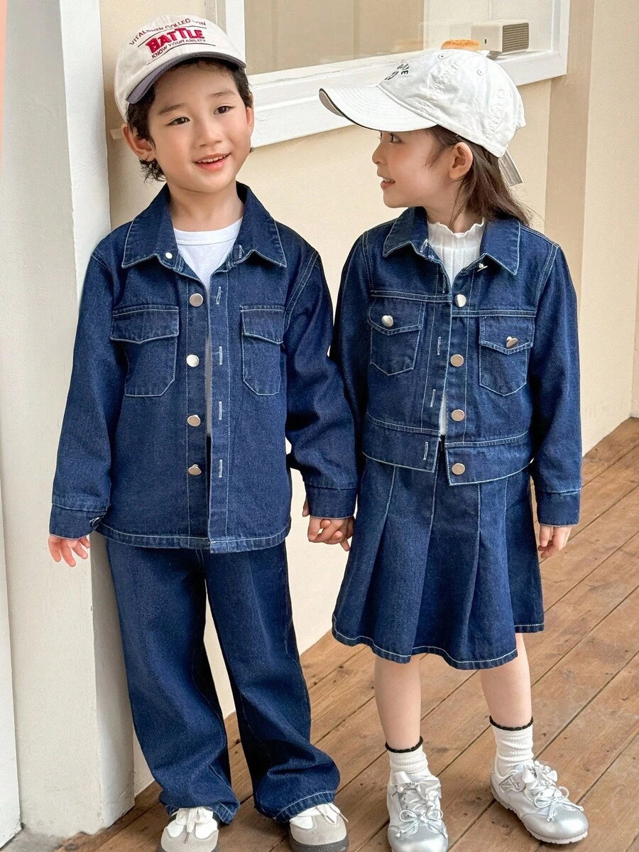 Genkimix Kids 3件套少女秋季时尚三件套:高领长袖T恤、翻领牛仔外套、百褶牛仔裙,休闲时尚街头风秋冬装 - 藍色 - 查看 1