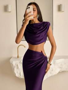 Vowa 2 chiếc váy dài đuôi cá cổ khoét sâu, chất liệu thun co giãn màu xanh lá cây thanh lịch, đệm vai rộng, đính hạt kim loại cắt laser gợi cảm, thích hợp cho các buổi hẹn hò, kỳ nghỉ, hòa nhạc, lễ tốt nghiệp, đám cưới, tiệc trà chiều, những dịp trang trọng - Màu tím - Xem 6