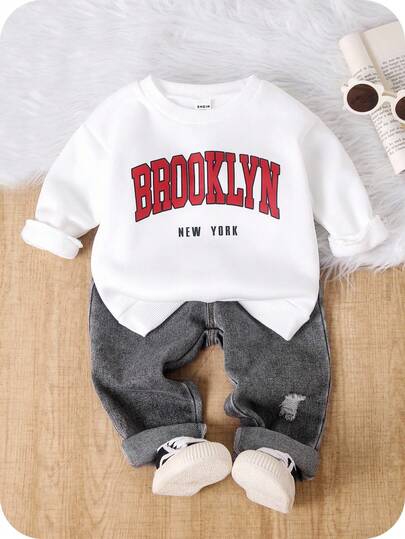SHEIN Baby Boy/Girl/Toddler 2pcs Outfit Set: White Long Sleeve Pullover Knit Sweatshirt Top And Black Denim Pants, Comfortable Casual Fashion, Suitable For Indoor, Outdoor, Daily, Sports, Play, Party, Photography, Vacation, Holidays, Spring/Summer/Autumn/Winter Baby Boy Casual Set Lil Bro Outfit Baby Baby Boy Clothes Brooklyn Fall