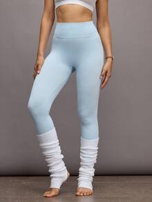 Activina Women's Solid Color High Waist Seamless Elastic Sports Leggings - Baby Blue - View 4