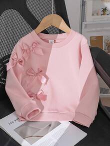 Young Girl' Pink 3D Bow Crew Neck Fleece Sweatshirt T-Shirt, Autumn/Winter - Pink - View 1