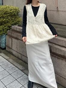 FRIFUL 女士V领纹理面料宽松无袖背心外套 白色网纱背心 白色蕾丝背心 叠层背心 白色泡泡袖背心 女式外套 - 米色 - 查看 4