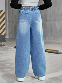 青少年女孩宽松水洗蓝色牛仔阔腿牛仔裤，休闲百搭，适合日常穿着和上学 - 中等水洗藍 - 查看 2