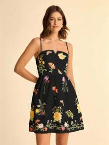 CAJUNI Women's Boho Tropical Floral & Plant Print V-Neck Camisole Dress - Black - View 6