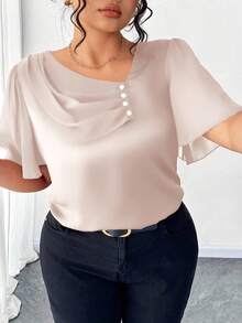 Elenzga Plus Size Asymmetrical Ruffle Collar Button Decor Short Sleeve Elegant Blouse - Apricot - View 5