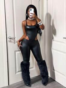 BamGleam Nuevo body de otoño de piel sintética retro punk sexy con tirantes finos de color negro para mujeres, ajuste ceñido y espalda descubierta - Negro - Ver 5