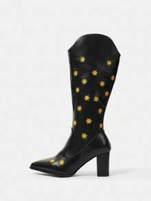 Styleloop Botas occidentales de tacón grueso con punta puntiaguda y flecos de ante para mujer, botas altas de ajuste ceñido - Negro - Ver 2