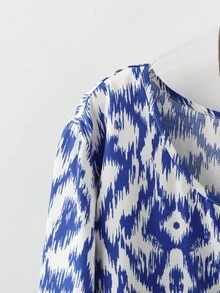 Plus Size Casual Vacation All-Over Print Long Sleeve Shirt - Royal Blue - View 3