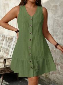 SHEIN PETITE Váy vải họa tiết không tay cổ chữ V cỡ lớn - màu xanh lá - Xem 4