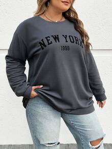 SHEIN CURVE+ 秋冬大码休闲宽松纽约图案圆领长袖女式运动衫 - 深灰色 - 查看 5