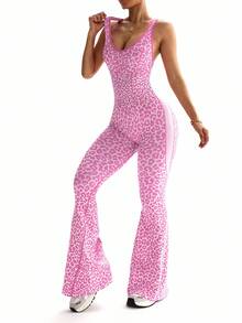 Slayform 1pc Women's Pink Leopard Print Twisted Back Deep V Flare Jumpsuit,Summer Sexsy Gym Yoga Flared Leggings Jumpsuit,Cheetah Print Workout Jumpsuit - Hot Pink - View 4