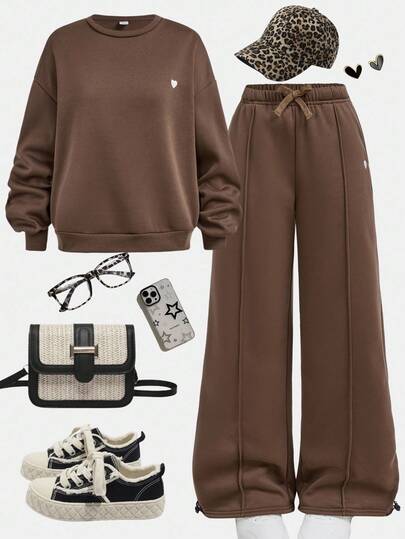 SHEIN Girlism Completo casual/scolastico per ragazze adolescenti, ritorno a scuola, sportivo/collo a giro/ricamato/bottone a naso di maiale/orlo elastico/felpa con cappuccio/pantaloni della tuta/set da 2 pezzi/boho/streetwear~pullover~tuta da ginnastica~comodo