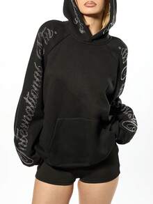 SUMWON WOMEN 女式超大号水钻连帽衫，带装饰文字，长袖套头衫，适合冬季休闲穿着 - 黑色 - 查看 8