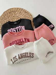 SHEIN 6 件套女婴可爱字母印花长袖运动衫和松紧腰裤，秋冬