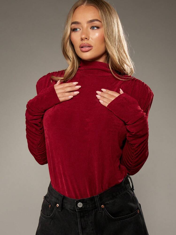 MISSGUIDED Long Sleeve Velvet Bodysuit With Shoulder Pads Evening Party Clubwear Ruched Holiday Special Occasion Plush Night Out Winter Fall
