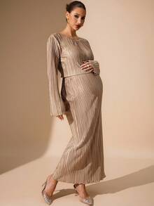 MaterniChic 2-częściowy, teksturowany komplet ciążowy z długim rękawem i okrągłym dekoltem oraz spódnicą - Wielbłąd - Zobacz 5