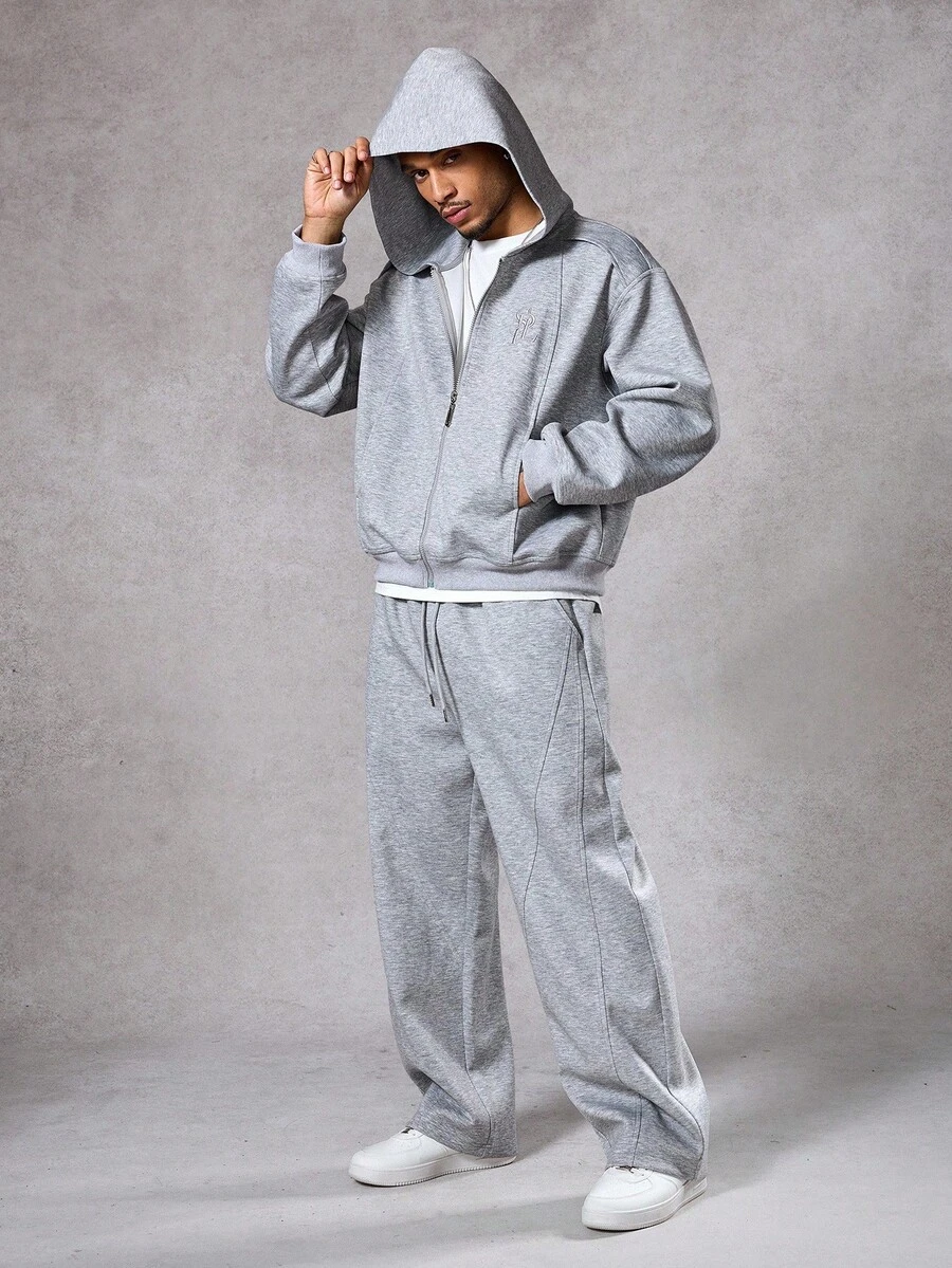 DAZY Gothic Pattern Embroidered Gray Cropped Hooded Sweatshirt Sweatshirt Set For Men, Autumn - Grey - View 1