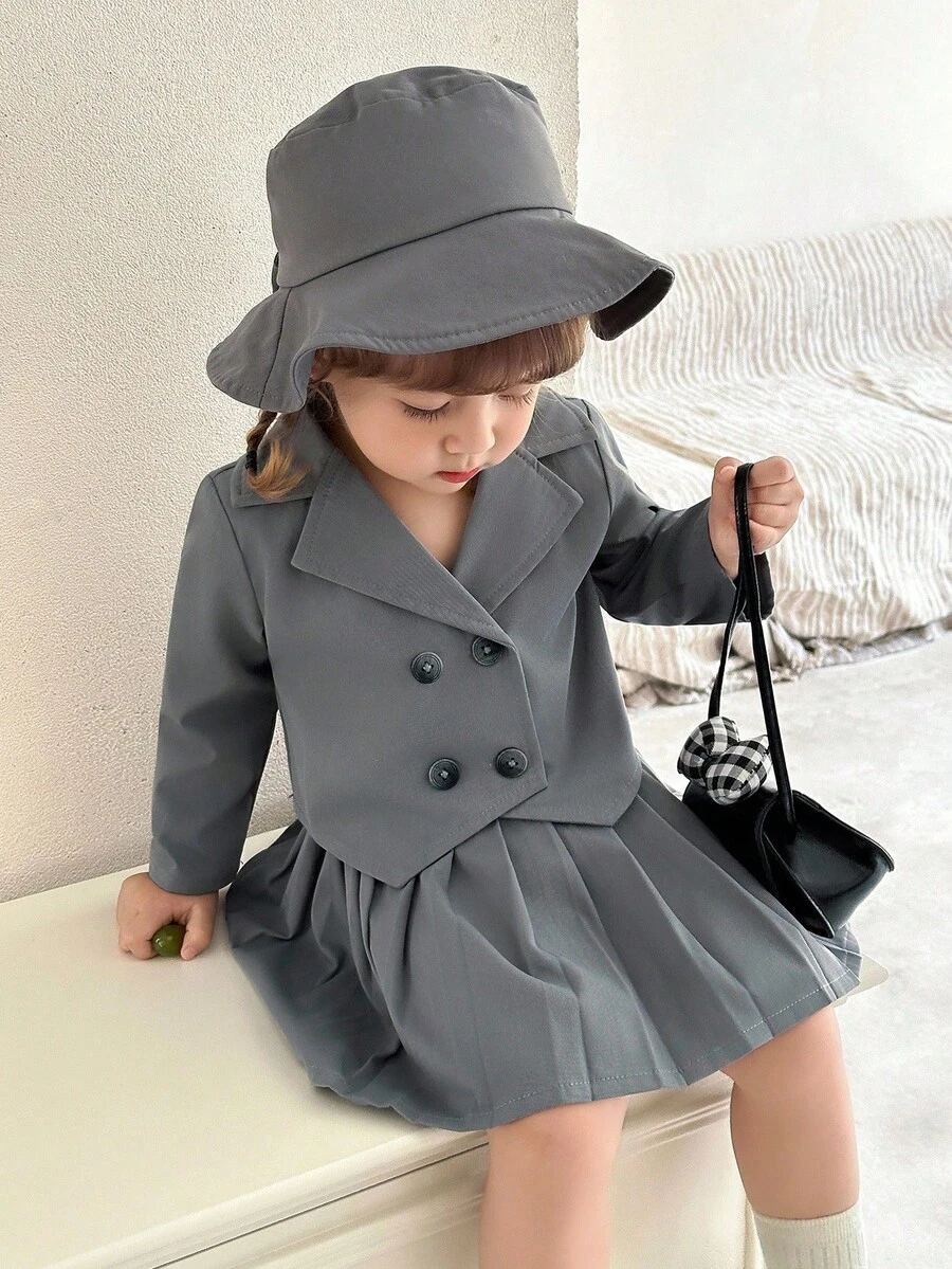 SHEIN 3pcs/Set Baby Girl British Style Grey Jacket Outfit - Double-Breasted Blazer, Pleated Skirt, And Hat Fall Winter - Grey - View 1