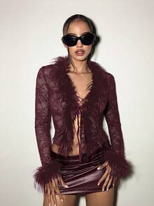 EgrlEra Women's Sexy Lace Sheer With Fluffy Patchwork Tie Waist Top Y2K - Burgundy - View 1