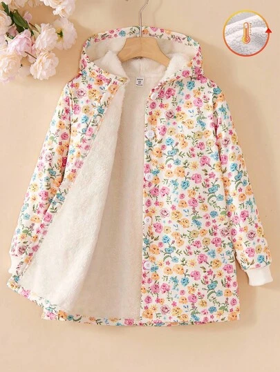 Sparklyn Chaqueta acolchada con capucha de felpa gruesa con estampado floral vintage para niña preadolescente, apta para otoño/invierno, vacaciones, verano, viajes
