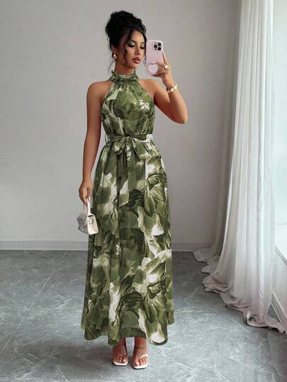 Elenzga Elegant Floral Print Dress, Suitable For Commuting And Island Vacation