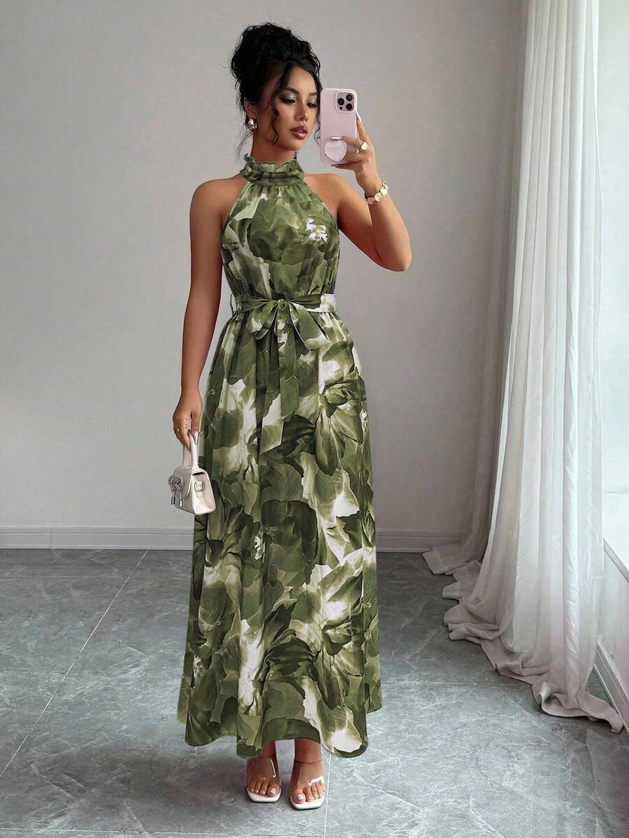 Elenzga Elegant Floral Print Dress, Suitable For Commuting And Island Vacation