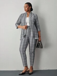 SHEIN Tall CURVE 大码格子西装外套和裤子套装，商务休闲 - 彩色 - 查看 4