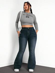 SHEIN EZwear Quần jeans ống loe cạp cao, dáng ôm, giặt thường ngày cỡ lớn - Màu xanh lam - Xem 5