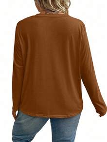 EMERY ROSE Plus Size Women Crew Neck Long Sleeve Loose Casual Top, Brown/Khaki Tee Shirt - Brown - View 2