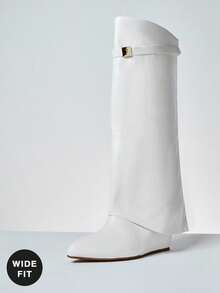 SHUZIA Botas de cuña con puntera puntiaguda y doblez alto para pantorrillas anchas para mujer - Blanco - Ver 3