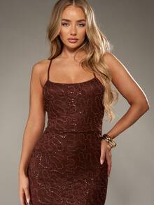 MISSGUIDED 亮片蕾丝晚礼服露背长款修身礼服冬季节日特殊场合礼服闪光派对正式婚礼宾客 - 棕色 - 查看 3