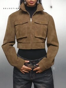SHEIN EZwear Áo khoác nữ cỡ lớn kiểu dáng tối giản, màu trơn, tay dài, cổ có khóa kéo, túi tiện dụng, màu nâu, kiểu dáng ngắn/áo khoác lửng mùa đông cho nữ, áo khoác màu nâu cho nữ - màu nâu - Xem 4