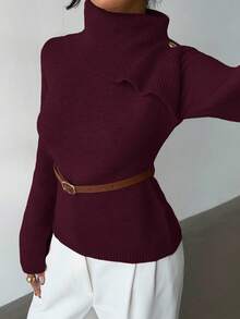 Selianne Khaki Elegant Flared Sleeve Niche Design Collar, Paired With Brown Metal Fashionable Belt, Women Sweater For Autumn/Winter - Burgundy - View 5