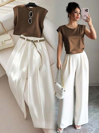 Franclia Women's Elegant Contrast Color Round Neck Camisole And Pleated Wide Leg Pants 2 Pieces Set