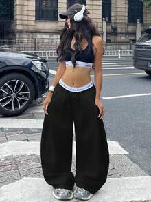 Coolane 女士秋季街头风基本款日常穿搭外出机场休闲黑色低腰宽松香蕉裤 - 黑色 - 查看 6