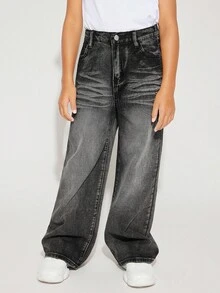 Radiana Tween Girls Y2K 酷炫时尚水洗猫须斜口袋宽松阔腿牛仔裤，女孩秋装返校街头装 - 黑色 - 查看 5