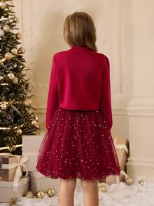 2pcs/Set Tween Girls Sleeveless Dress And Long Sleeve Cardigan Co-Ord Outerwear Fall Winter - Red - View 2