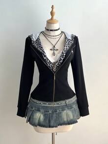 Elamini 1 件女式黑色豹纹拼布连帽修身二合一前拉链长袖休闲街头夹克，秋冬 - 黑色 - 查看 3