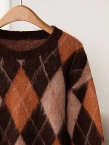 Franclia 提花复古菱形图案撞色宽松针织大码套头衫女秋季毛衣女棕色毛衣棕色毛衣女菱形毛衣棕色菱形毛衣 - 棕色 - 查看 3