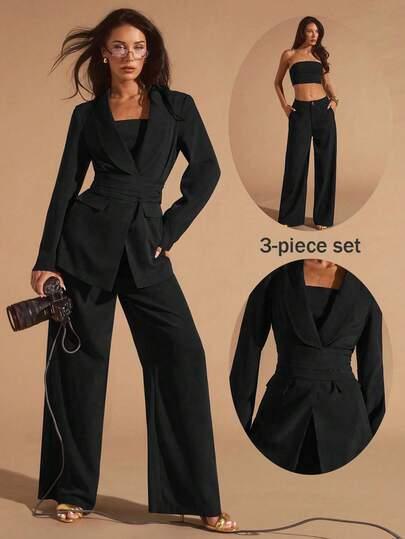 Glamine 3-delat brunt kostymset med sjalkrage för kvinnor, mångsidigt och avslappnat pendlingsset för kvinnor, lämpligt för kontor, pendling, utflykt, löst avslappnat kostymset