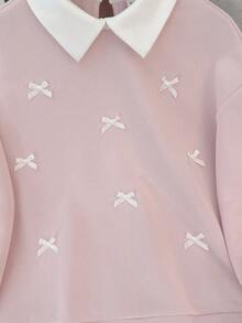 SHEIN Teen Girls Sweatshirts With Shirt Collar Patchwork, Bow Decor, Pullover Long Sleeve Elastic Hoodie Fall Winter Cute Sweatshirt Cute Plain Sweatshirts For Teens Bow Sweatshirt Sweatshirt For Teen Girls Sweater With Bows - Pink - View 5