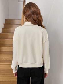 SHEIN LUNE 女士休闲宽松优雅通勤翻领拉链斜插口袋下摆抽绳粗花呢外套白色西装外套奢华奶油色女士白色外套优雅秋冬 - 杏色 - 查看 2