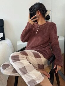 Dream Adore Bộ đồ ngủ nữ mềm mại in họa tiết kẻ caro màu tương phản, trang phục thu đông, trang phục ấm áp - màu nâu - Xem 5